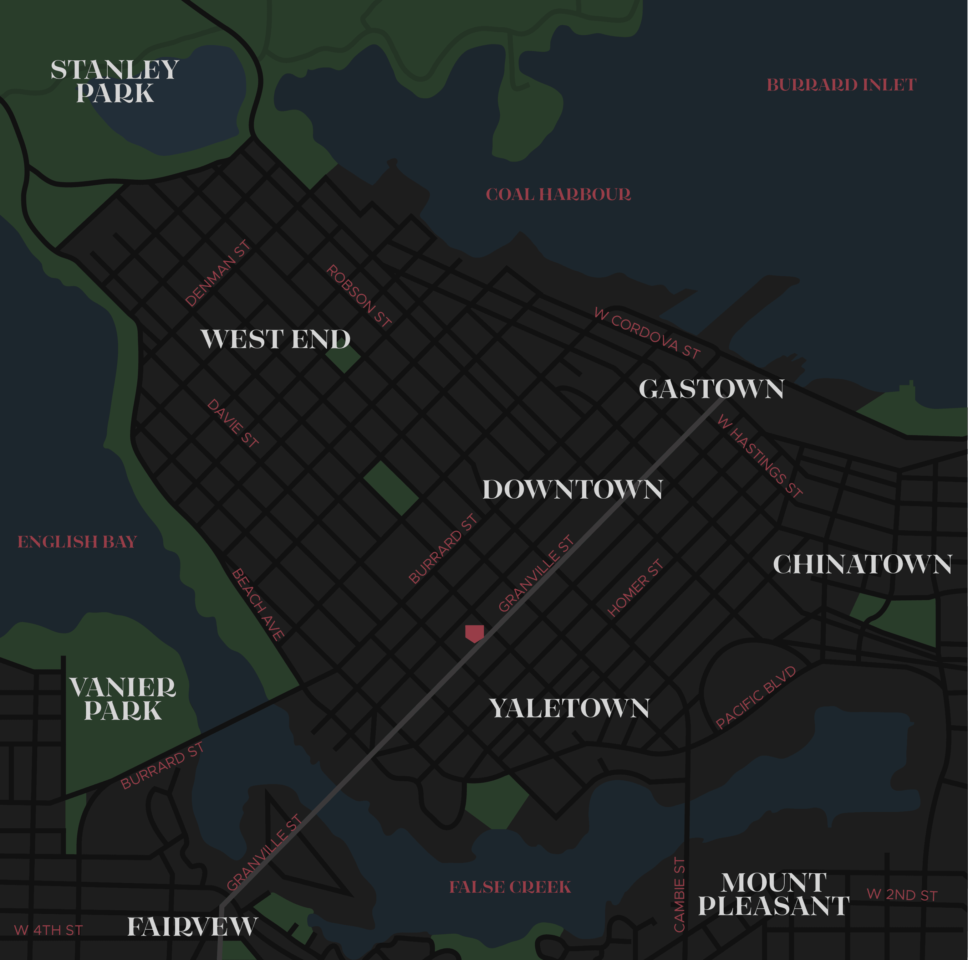 Map of the Granville St corridor with Hotel Modo, theatres and the seawall marked