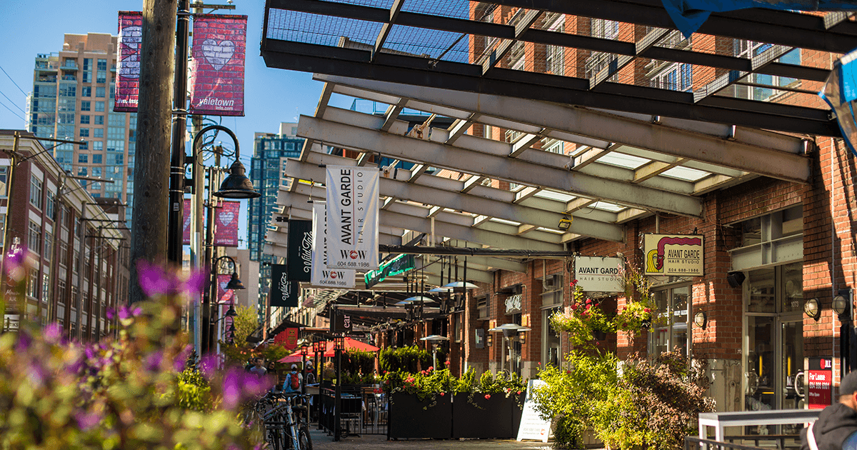 Yaletown — converted warehouses, cobblestone, waterfront patios